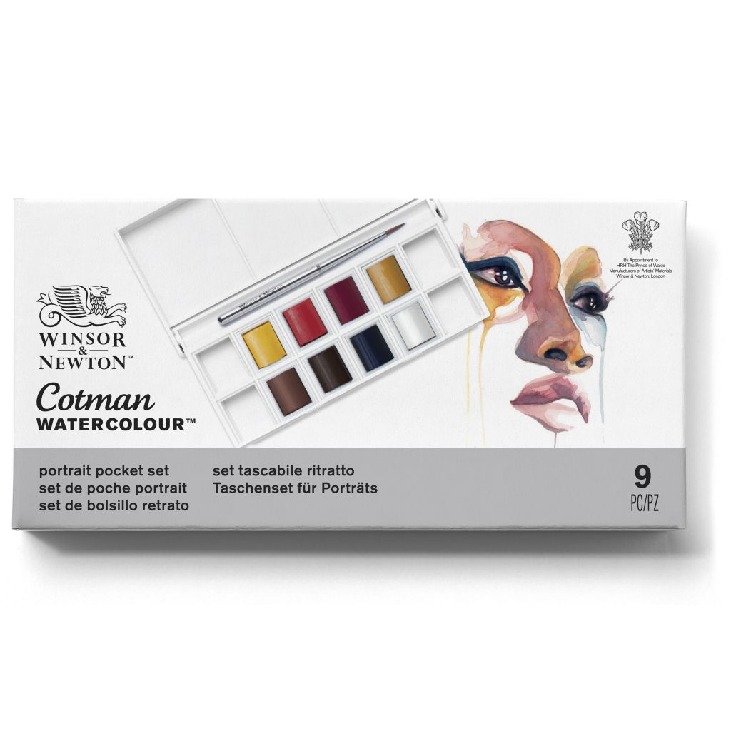 Winsor & Newton Cotman Water Colour - Portrait Pocket Set - 8 Half Pans with Brush