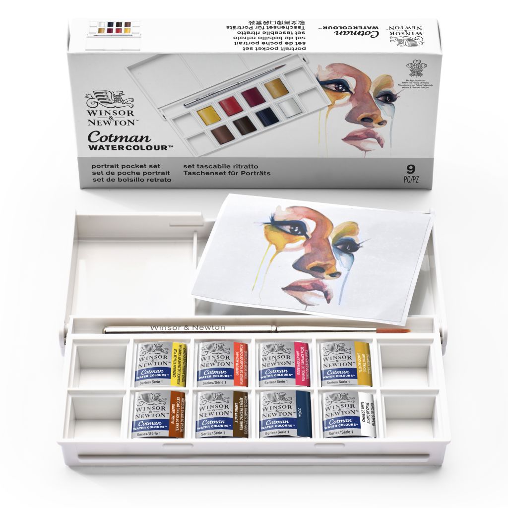 Winsor & Newton Cotman Water Colour - Portrait Pocket Set - 8 Half Pans with Brush