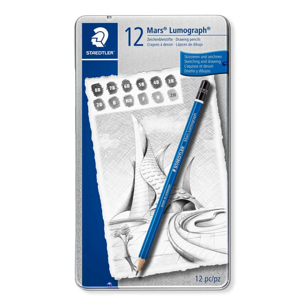 Staedtler Mars Lumograph 100 - Drawing Graphite Artist's Pencil - Metel Tin Box of 12 - Assorted Degrees