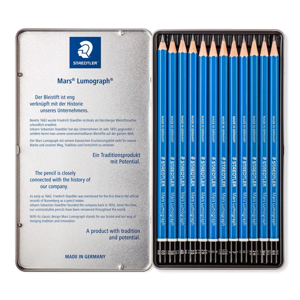 Staedtler Mars Lumograph 100 - Drawing Graphite Pencil - Metel Tin Box of 12 - Assorted Degrees