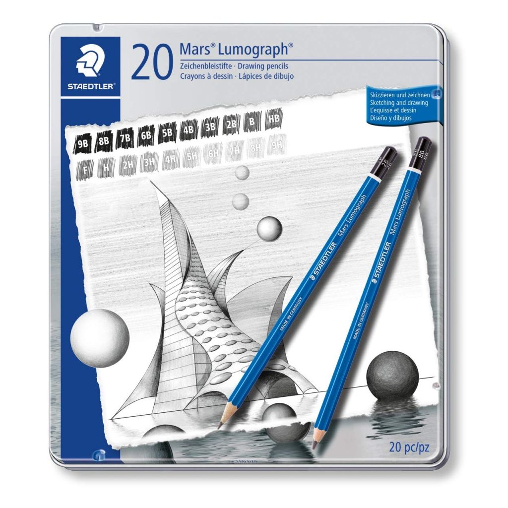 Staedtler Mars Lumograph 100 - Drawing Graphite Pencil - Metel Tin Box of 20 - Assorted Degrees