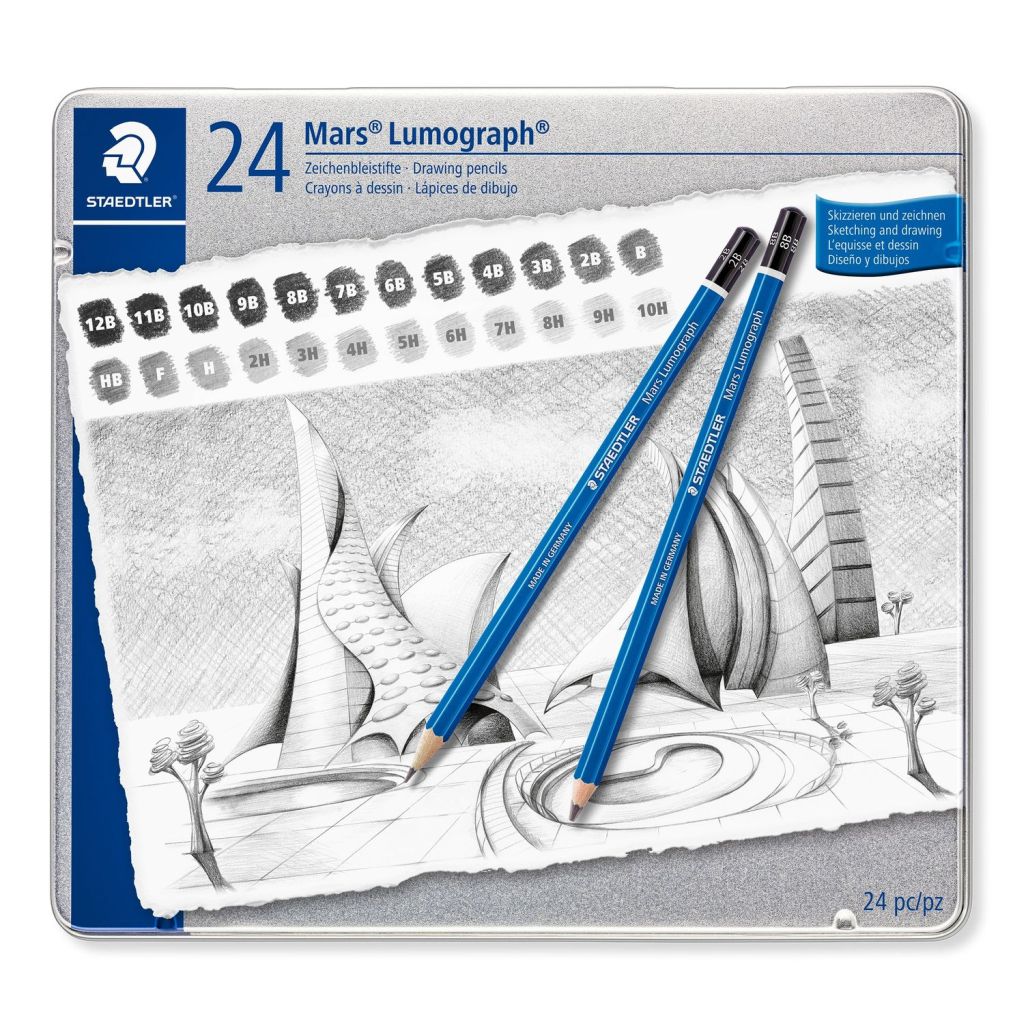 Staedtler Mars Lumograph 100 - Drawing Graphite Pencil - Metel Tin Box of 24 - Assorted Degrees