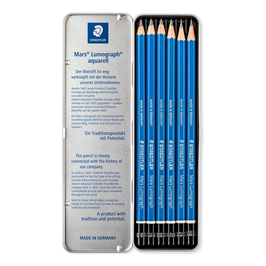 Staedtler Mars Lumograph 100 - Drawing Graphite Pencil - Metel Tin Box of 6 - Assorted Degrees