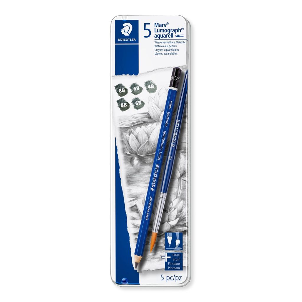 Staedtler Mars Lumograph Aquarell 100A - Watercolour Graphite Pencil - Metel Tin Box of 6 - Assorted Degrees