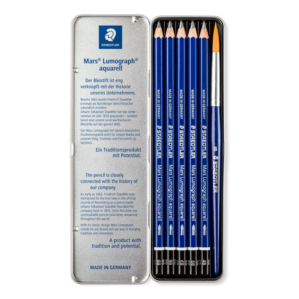 Staedtler Mars Lumograph Aquarell 100A - Watercolour Graphite Pencil - Metel Tin Box of 6 - Assorted Degrees