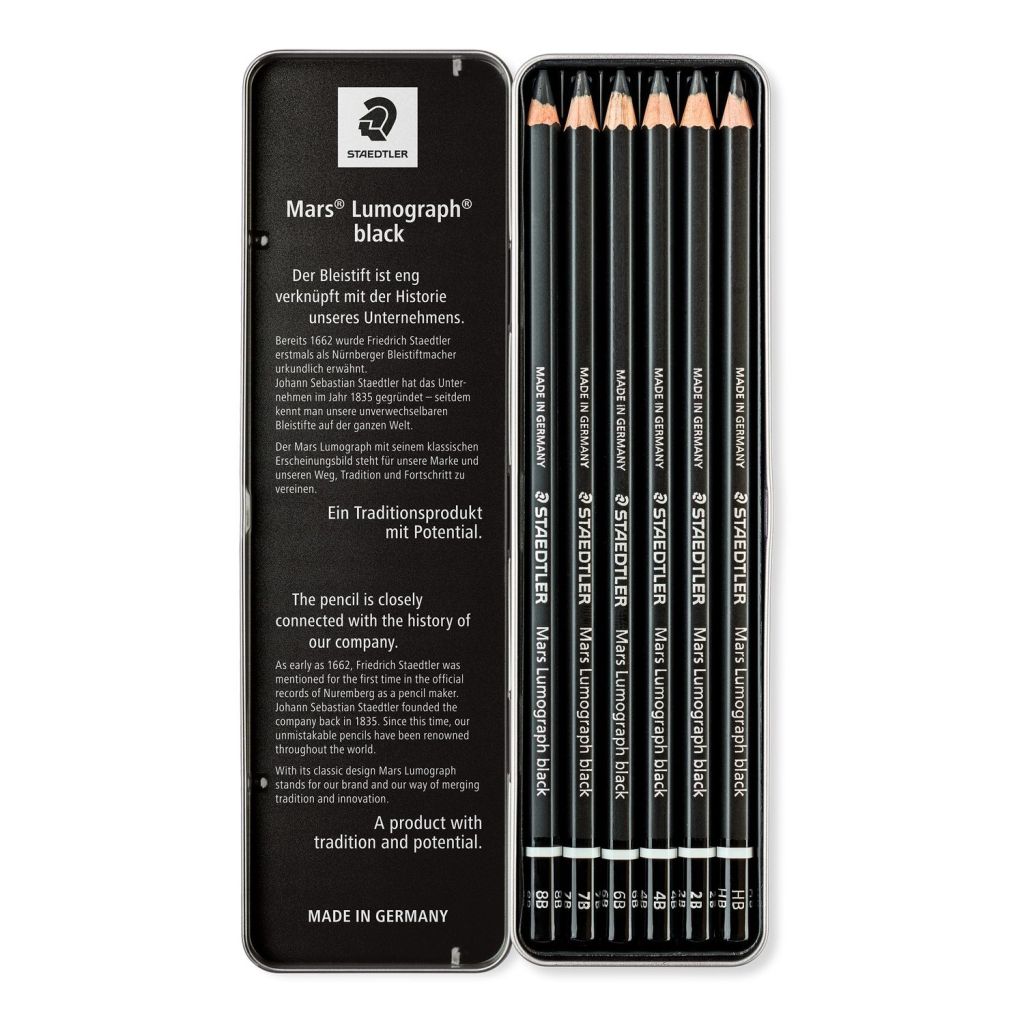 Staedtler Mars Lumograph Black 100B - Drawing Graphite Pencil - Metel Tin Box of 6 - Assorted Degrees