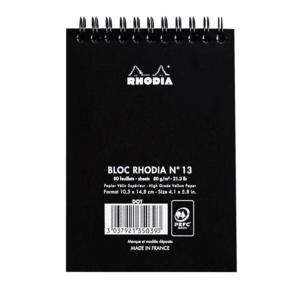 Rhodia - Classic Black - Wirebound - Dot Grid Notepad - A6 (148 mm x 105 mm or 4.1