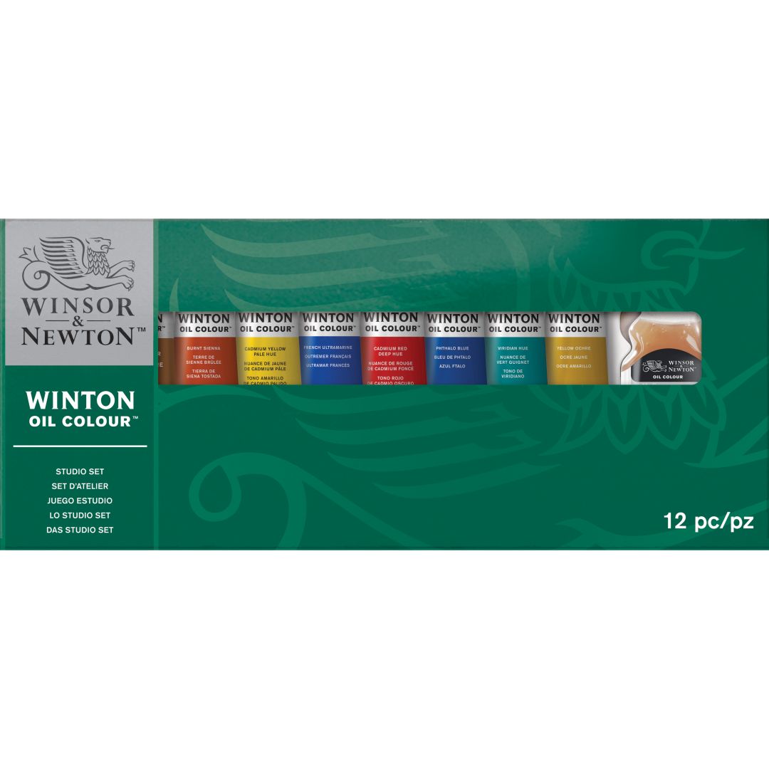 Winsor & Newton Winton Oil Colour Studio Set - 8Tx21ML + Titanium White 37 ML + Liquin 75 ML + 2 Brushes