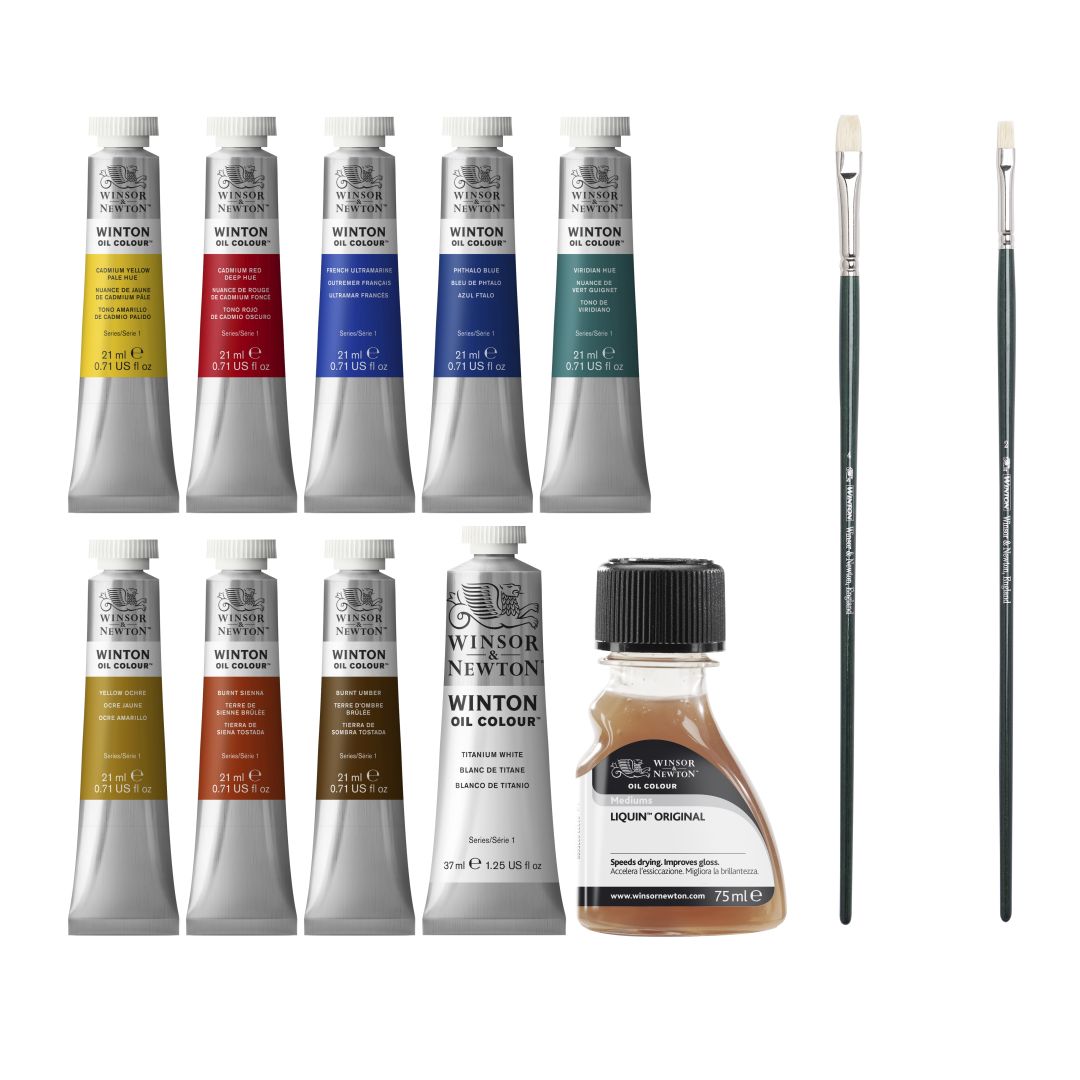 Winsor & Newton Winton Oil Colour Studio Set - 8Tx21ML + Titanium White 37 ML + Liquin 75 ML + 2 Brushes