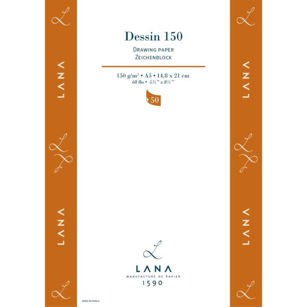 Lana Dessin - Drawing - A5 (14.8 cm x 21 cm) Natural White Light Grain / Matt Finish 150 GSM Paper, Short Side Glued Pad of 50 Sheets
