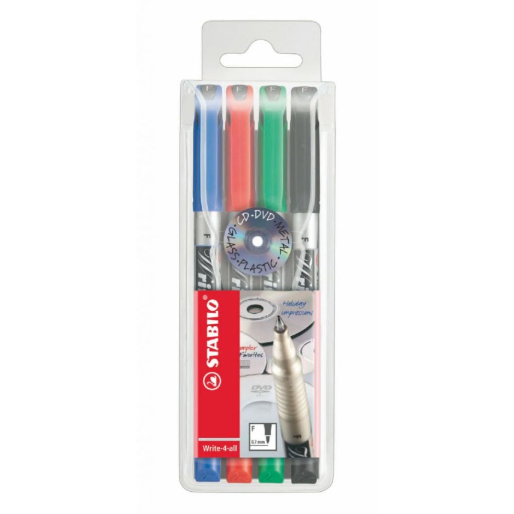 Stabilo Write-4-All - Permanent Marker Pen -Fine Tip - Pack of 4 Assorted Colours