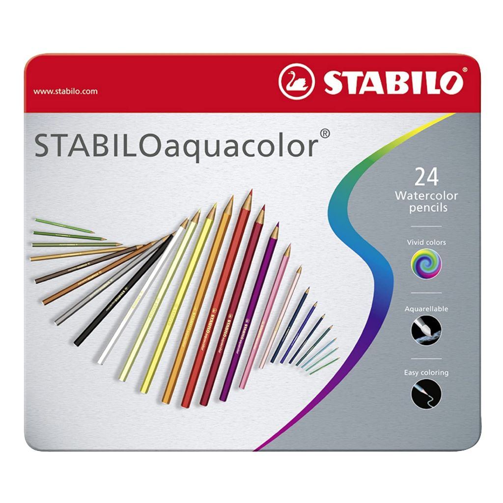 Stabilo Aquacolour - Watercolour Pencil - Metal Box of 24 Assorted Colours