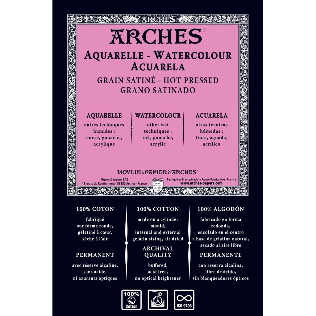 Arches Watercolour - Aquarelle - 56 cm x 76 cm Natural White Satin Grain / Hot Press 300 GSM 100% Cotton Paper, Pack of 10 Sheets