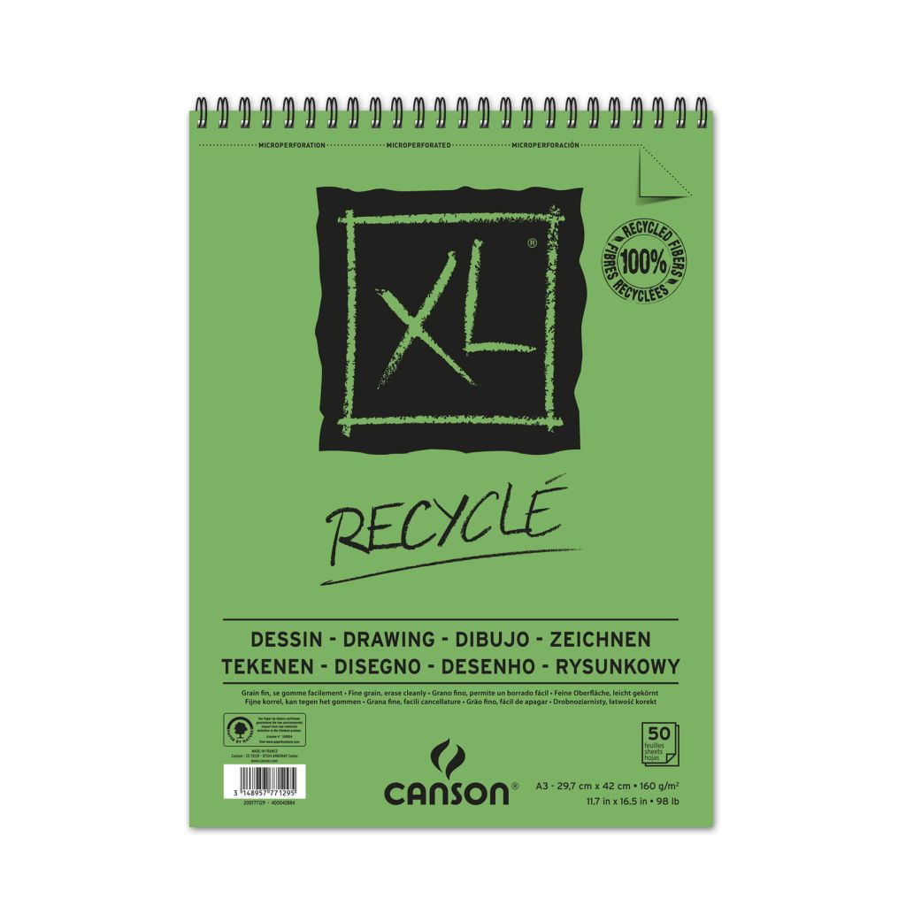 Canson XL Recycled Drawing & Sketching Paper - 160 GSM A3 (29.7x 42 cm or 11.7 x 16.5'') - Album of 50 Honeycomb Grain Sheets