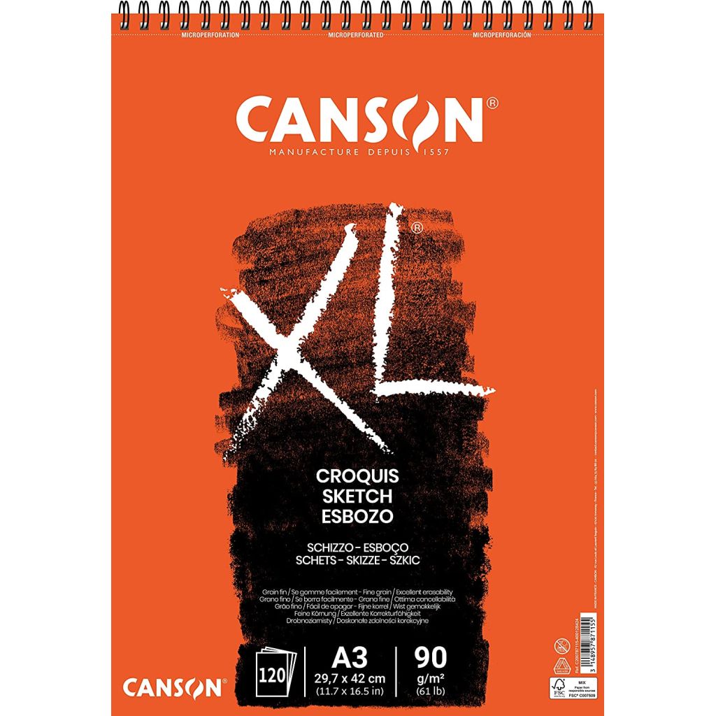 Canson XL Croquis - Drawing & Sketching Paper - 90 GSM A3 (29.7x 42 cm or 11.7 x 16.5'') - Album of 120 Light Grain Sheets