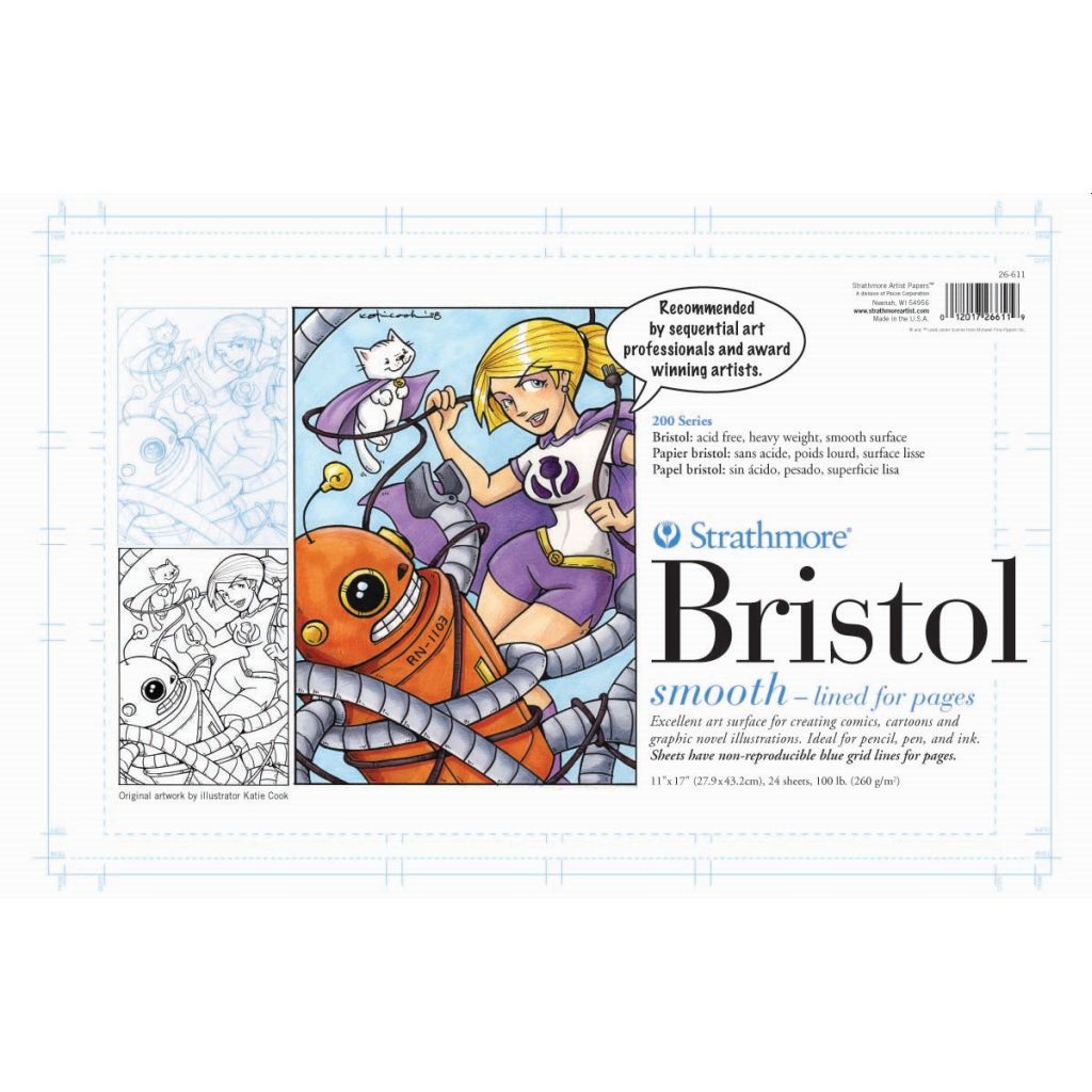 Strathmore 200 Series Sequential Art Bristol 11''x17'' Extra White Extra Smooth 270 GSM Paper with Non-reproducible Blue Lines, Short-Side Tape Bound Pad of 24 Sheets