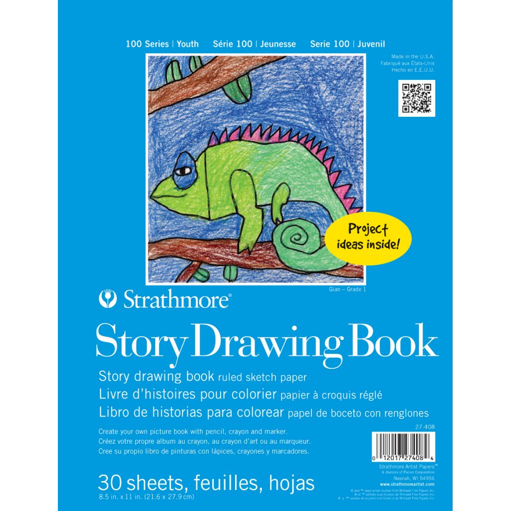 Strathmore 100 Series Story Drawing Book 8.5''x11'' White Light Grain / Smooth Paper, Long-Side Spiral Bound - 30 Sheets