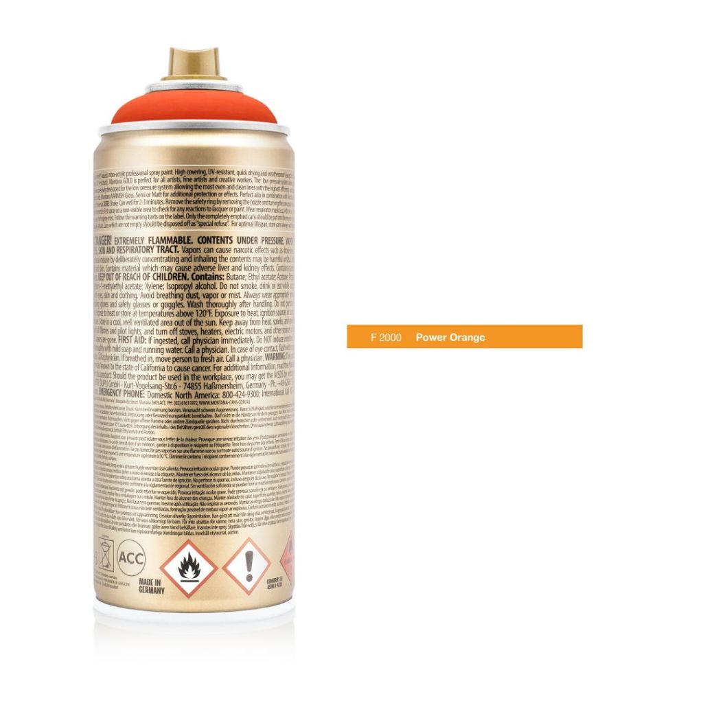 Montana Gold Acrylic Professional Spray Paint - 400 ML Can - Power Orange (F 2000)