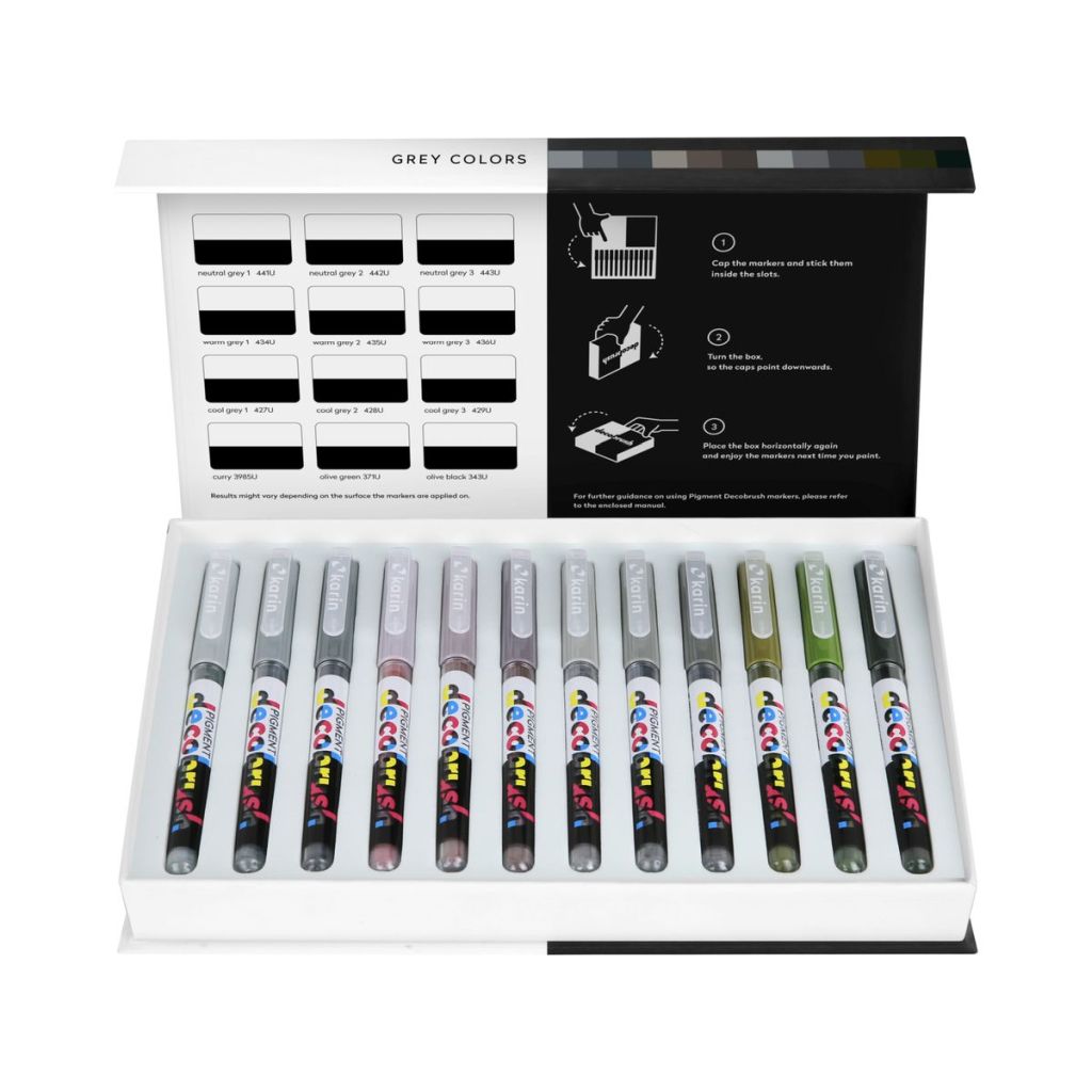 Karin Pigment DecoBrush Acrylic Marker - Grey Colours Set - 12 Colours