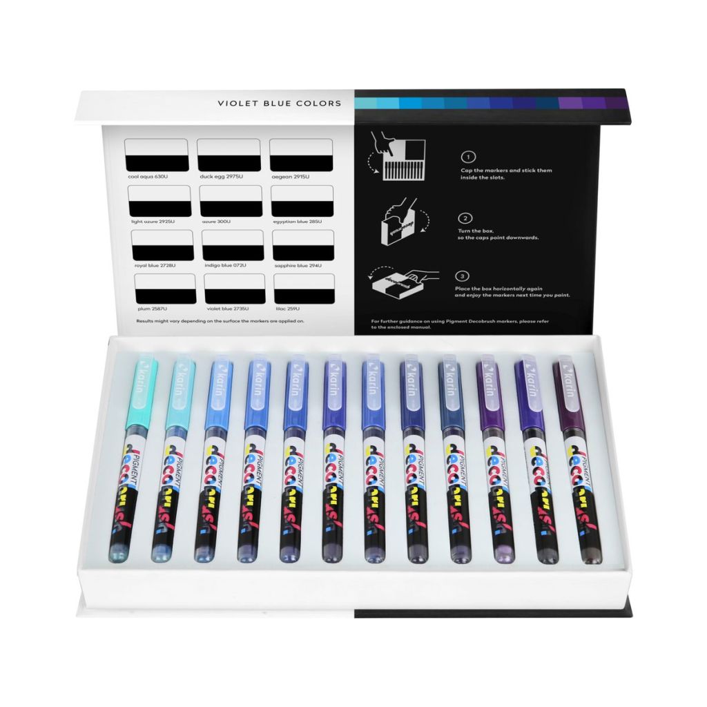 Karin Pigment DecoBrush Acrylic Marker - Violet Blue Colours Set - 12 Colours