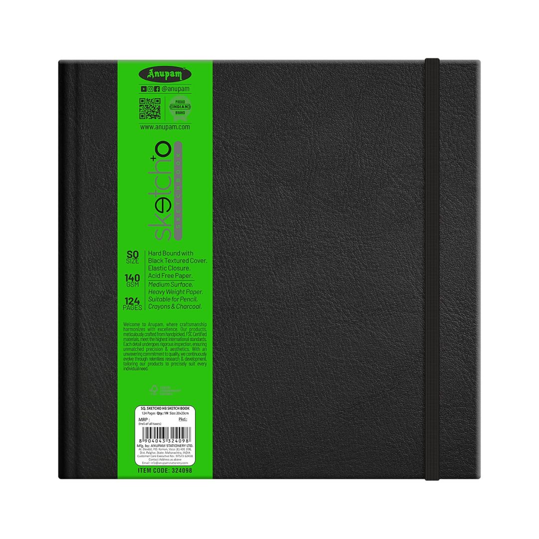 Anupam SketchO Sketch Book Square (20 x 20 cm) 140 GSM Medium Grain Natural Shade Cartridge Paper, Hard Bound Journal with Black Textured Cover of 128 Pages