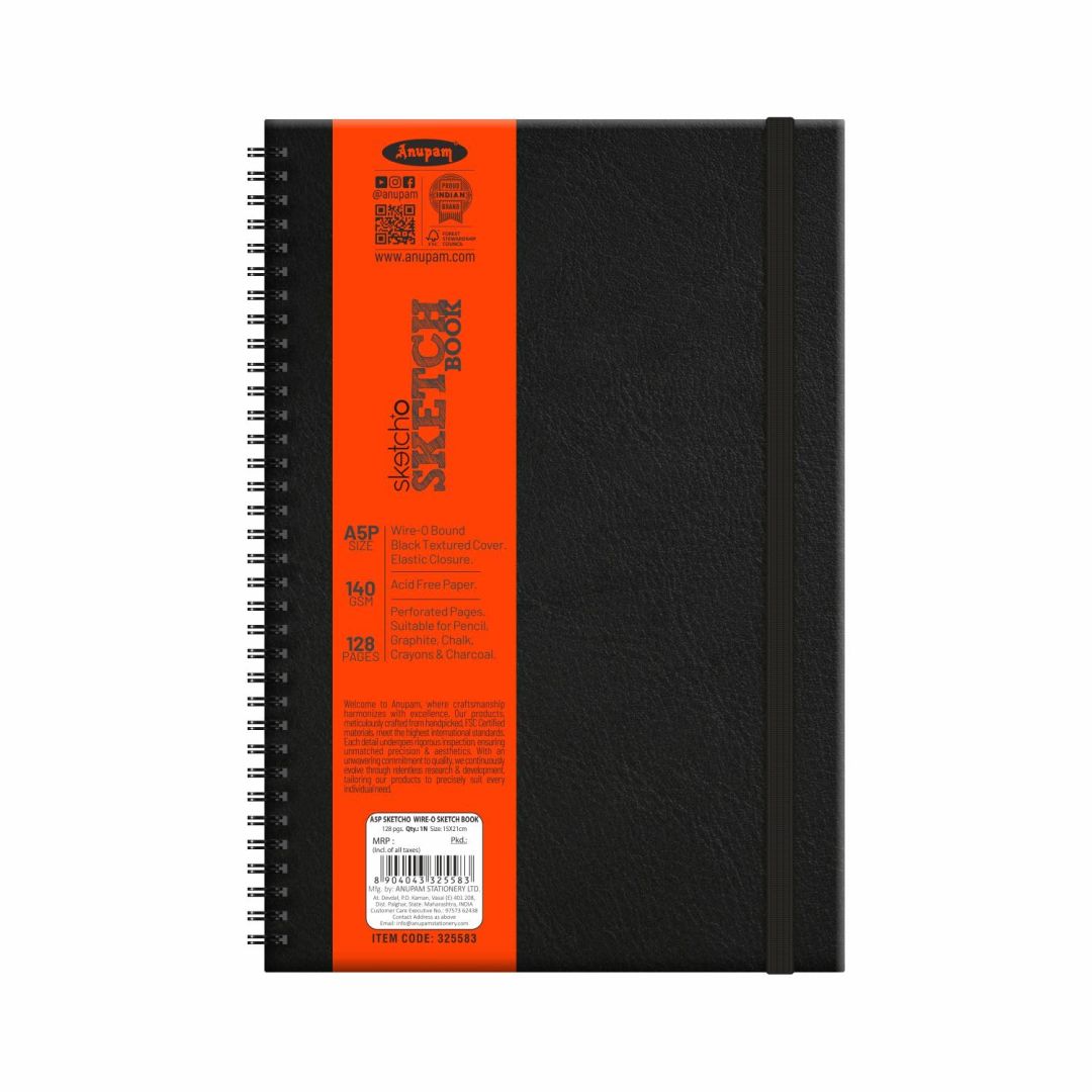 Anupam SketchO Sketch Book A5 (Portrait) 140 GSM Medium Grain Natural Shade Cartridge Paper, WireO Bound with Black Textured Cover of 128 Pages