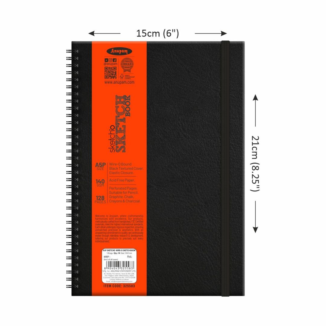 Anupam SketchO Sketch Book A5 (Portrait) 140 GSM Medium Grain Natural Shade Cartridge Paper, WireO Bound with Black Textured Cover of 128 Pages