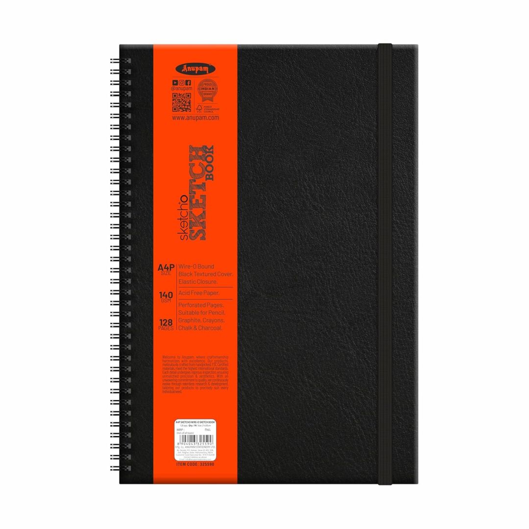 Anupam SketchO Sketch Book A4 (Portrait) 140 GSM Medium Grain Natural Shade Cartridge Paper, WireO Bound with Black Textured Cover of 128 Pages