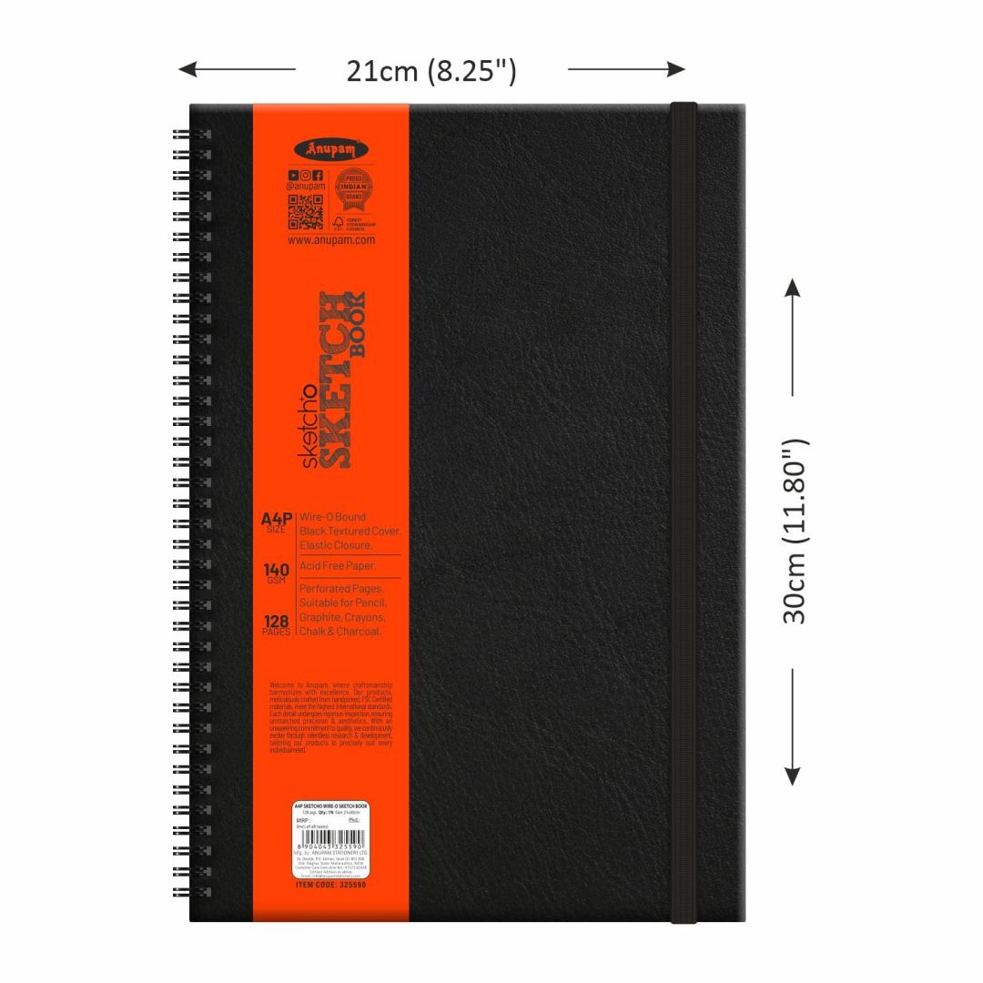 Anupam SketchO Sketch Book A4 (Portrait) 140 GSM Medium Grain Natural Shade Cartridge Paper, WireO Bound with Black Textured Cover of 128 Pages