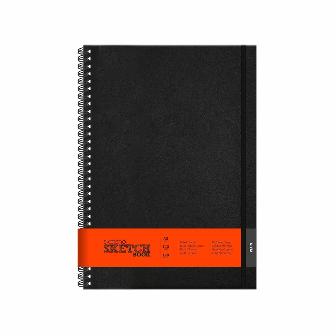 Anupam SketchO Sketch Book A3 140 GSM Medium Grain Natural Shade Cartridge Paper, WireO Bound with Black Textured Cover of 128 Pages