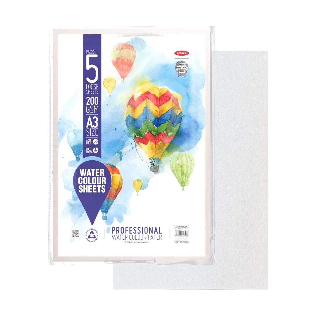 Anupam Professional Watercolour Paper A3 Natural White Cold Press 200 GSM Paper, Polypack of 5 Sheets