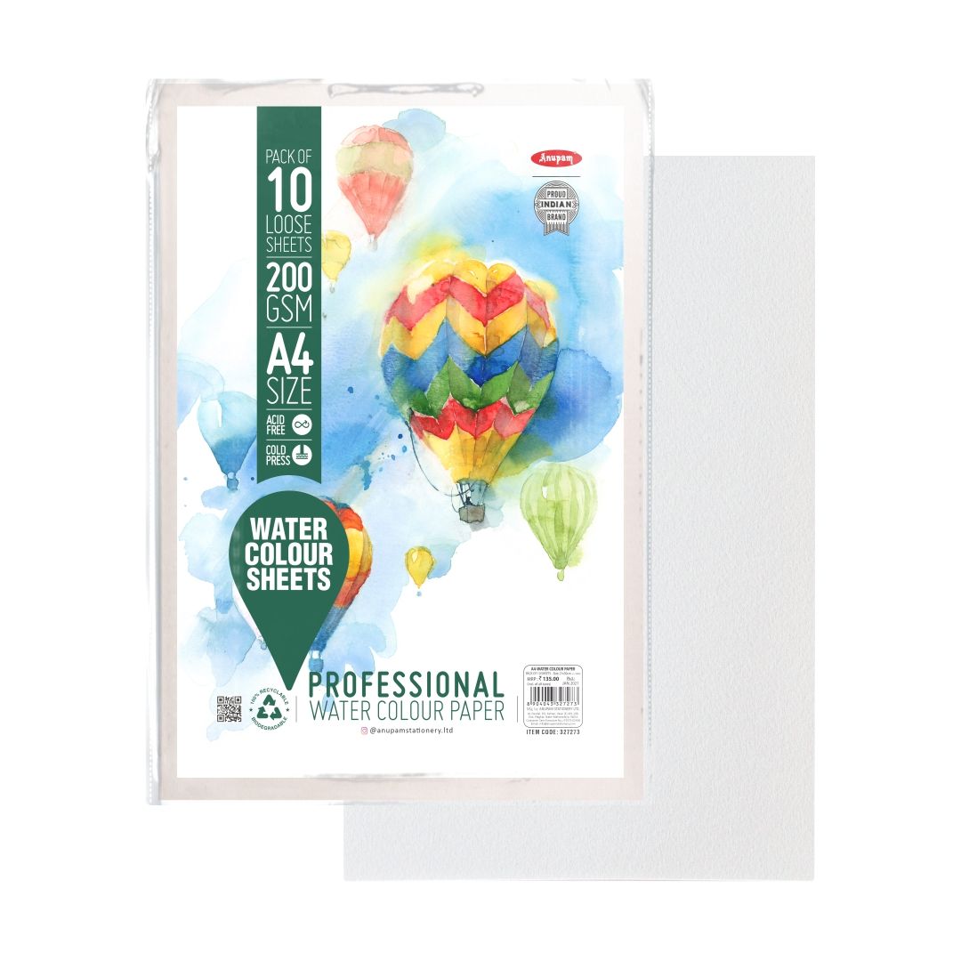 Anupam Professional Watercolour Paper A4 Natural White Cold Press 200 GSM Paper, Polypack of 10 Sheets