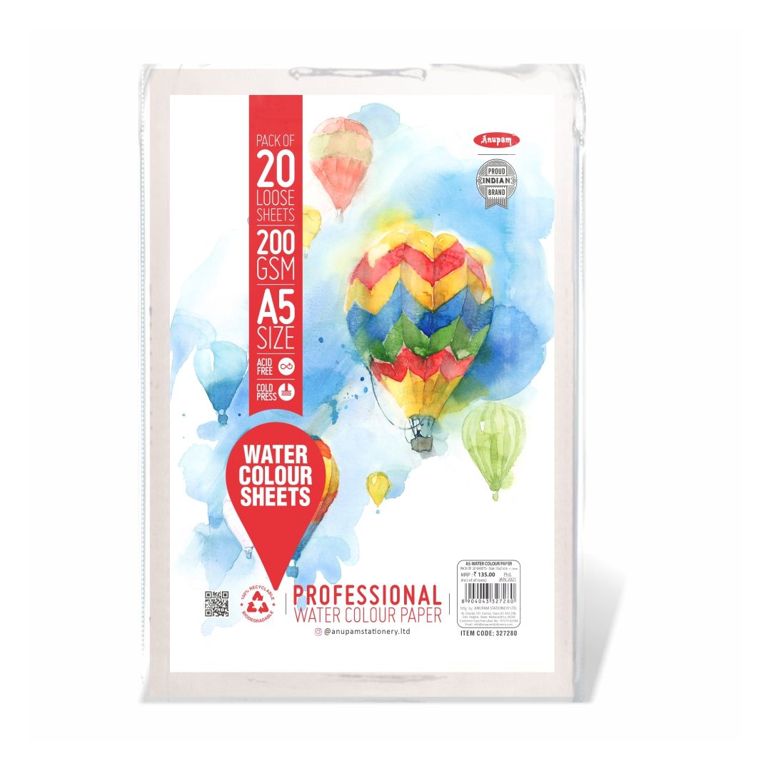 Anupam Professional Watercolour Paper A5 Natural White Cold Press 200 GSM Paper, Polypack of 20 Sheets