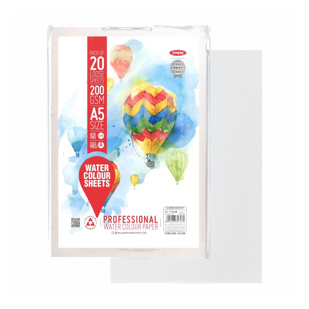 Anupam Professional Watercolour Paper A5 Natural White Cold Press 200 GSM Paper, Polypack of 20 Sheets