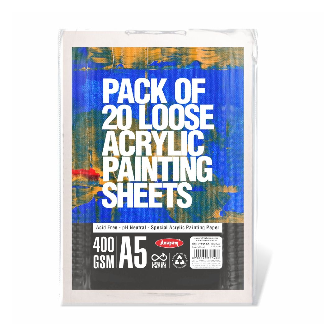 Anupam Acrylic Painting Paper A5 400 GSM Smooth Natural White Paper, Polypack of 20 Sheets