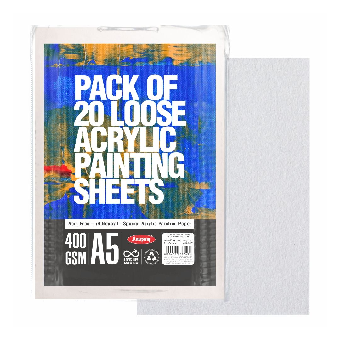 Anupam Acrylic Painting Paper A5 400 GSM Smooth Natural White Paper, Polypack of 20 Sheets