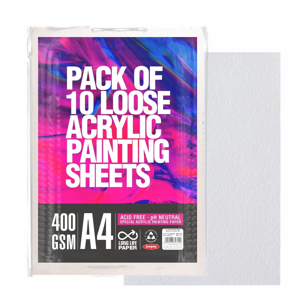 Anupam Acrylic Painting Paper A4 400 GSM Smooth Natural White Paper, Polypack of 10 Sheets