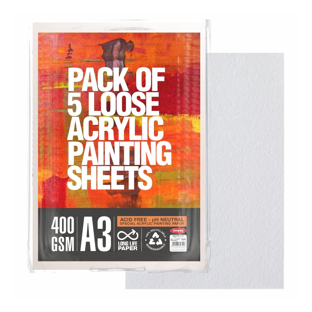 Anupam Acrylic Painting Paper A3 400 GSM Smooth Natural White Paper, Polypack of 5 Sheets