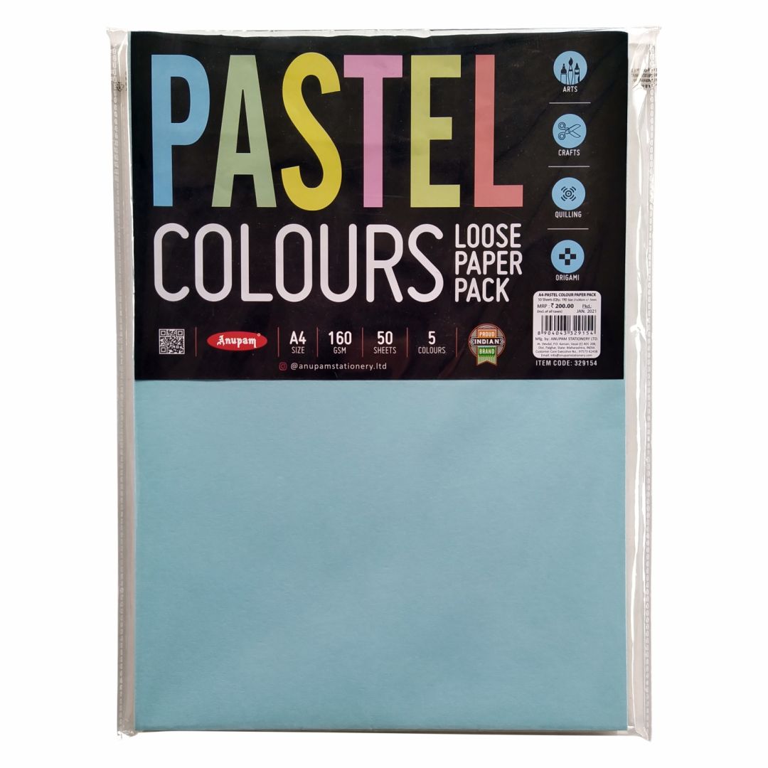 Anupam Pastel Colour Paper A4 160 GSM, Polypack of 5 Assorted Colours 50 Sheets