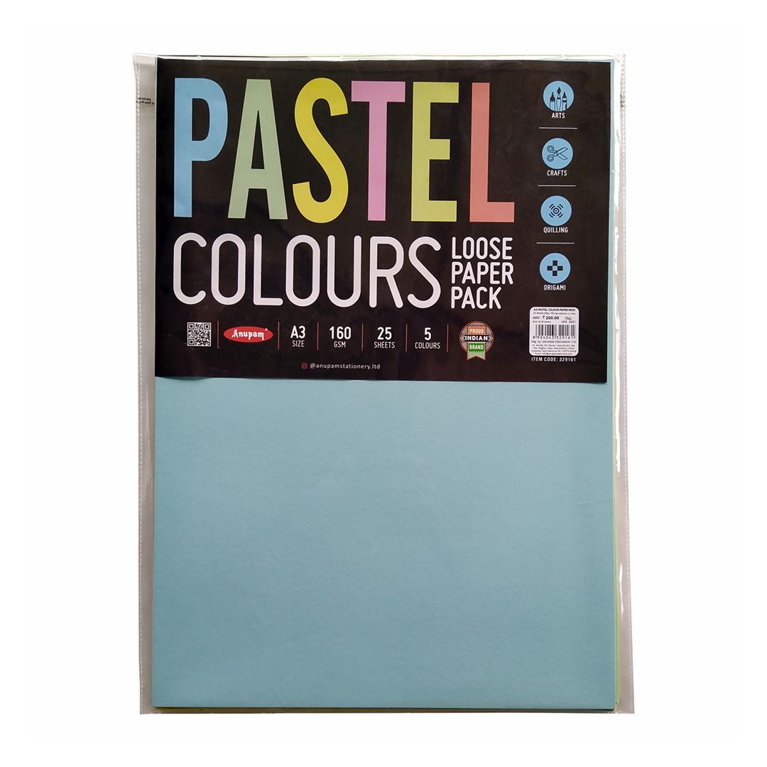 Anupam Pastel Colour Paper A3 160 GSM, Polypack of 5 Assorted Colours 25 Sheets