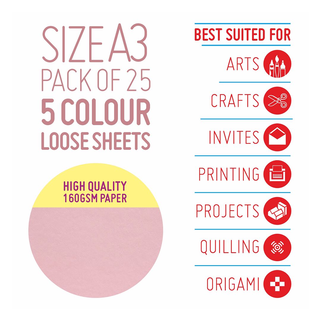 Anupam Pastel Colour Paper A3 160 GSM, Polypack of 5 Assorted Colours 25 Sheets