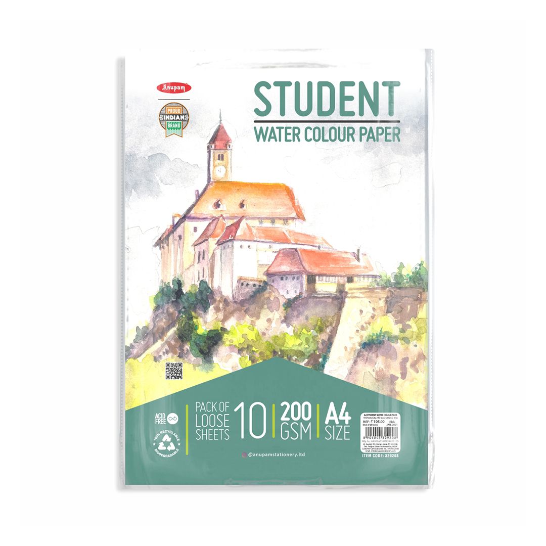 Anupam Student Watercolour Natural Shade A4 200 GSM, Fine Grain, Polypack of 10 Sheets