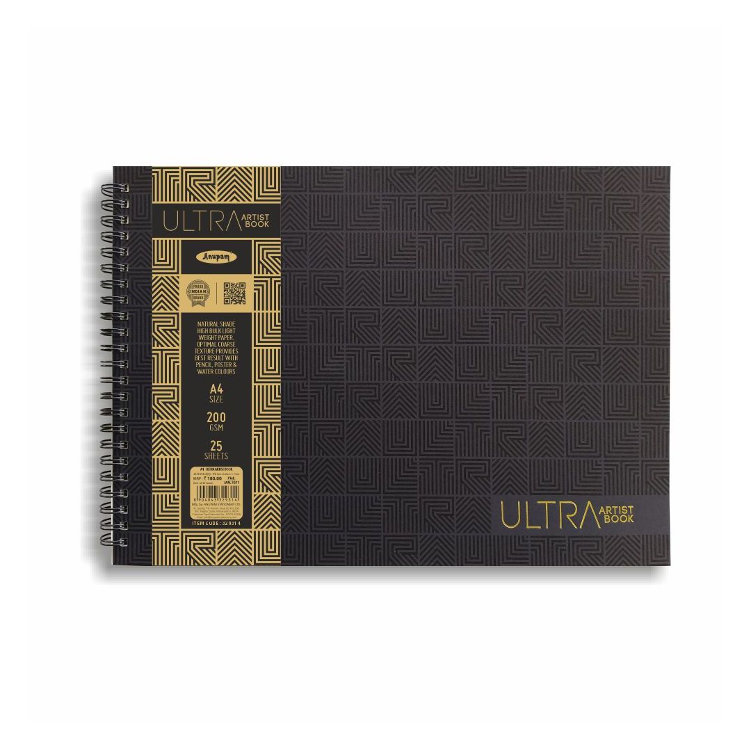 Anupam Ultra Artist Drawing Book Natural Shade A4 200 GSM Optimal Coarse Texture, WireO Bound of 25 Sheets