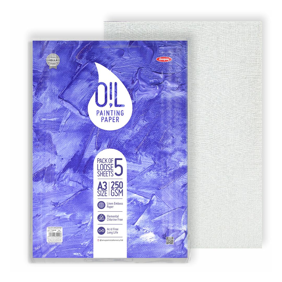 Anupam Oil Painting Paper A3 250 GSM Linen Emboss Natural White Paper, Polypack of 5 Sheets