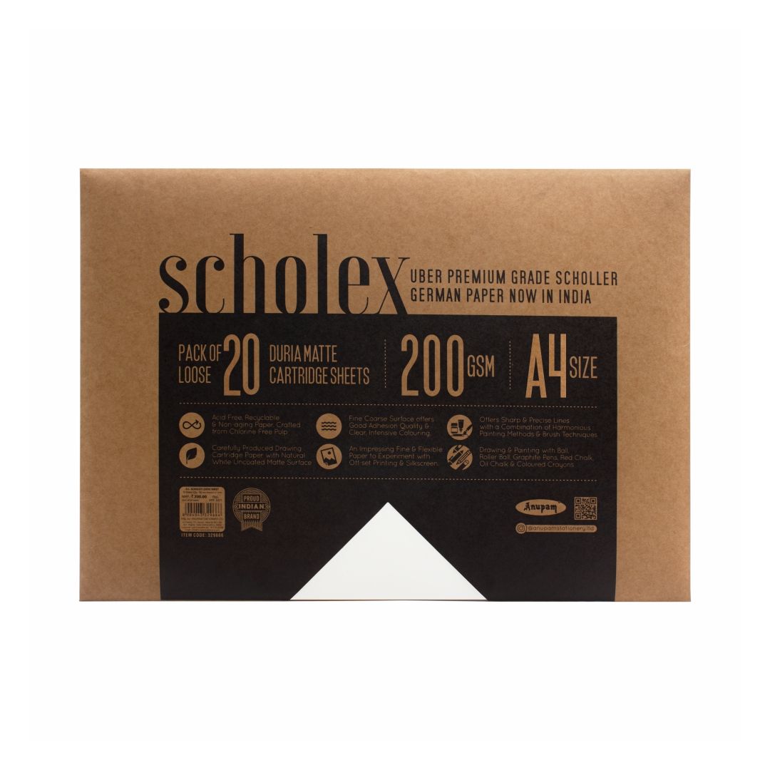 Anupam Scholex German Duriamatt Cartridge Drawing Paper A4 200 GSM Fine Optimal Coarse Texture, Leaflet of 20 Sheets