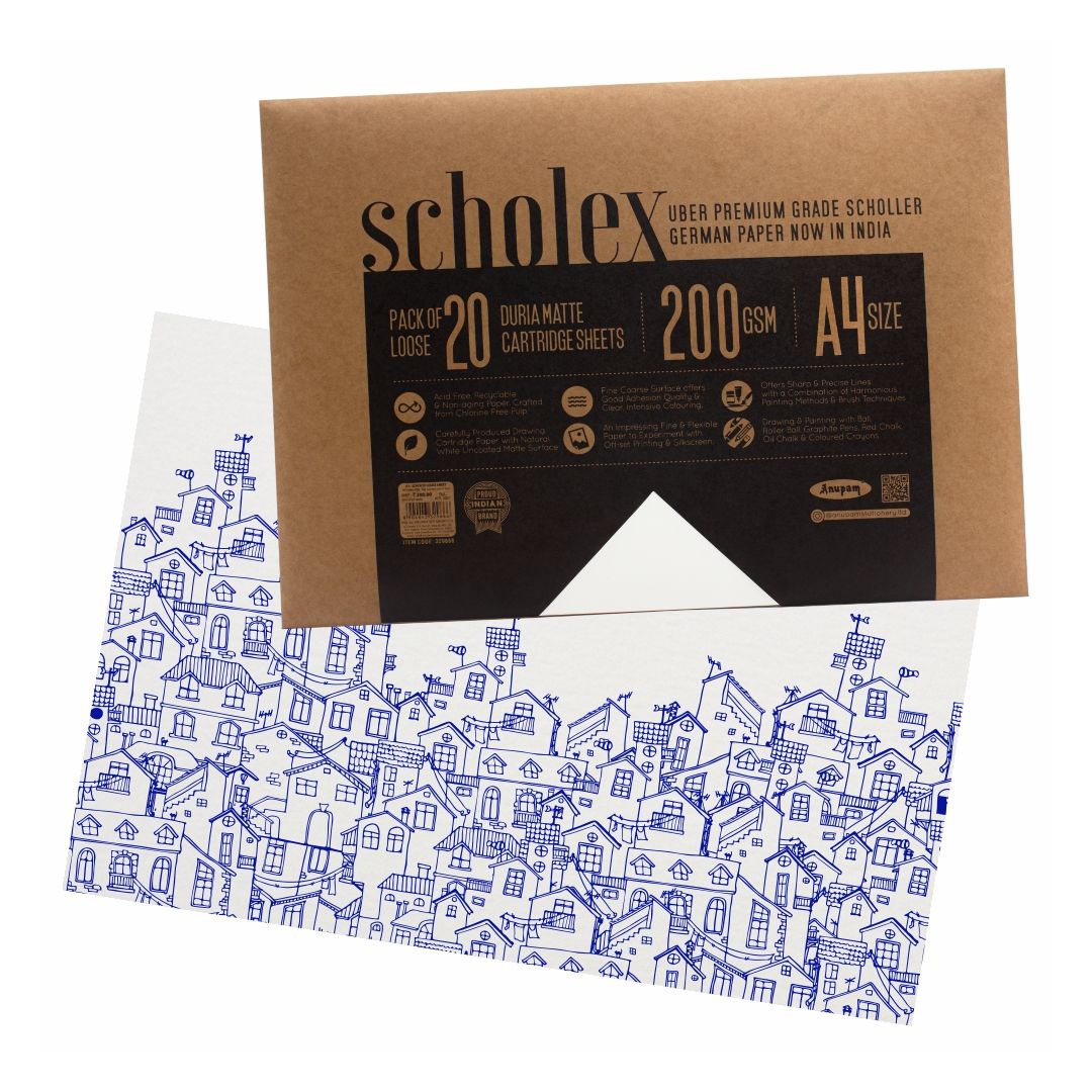 Anupam Scholex German Duriamatt Cartridge Drawing Paper A4 200 GSM Fine Optimal Coarse Texture, Leaflet of 20 Sheets