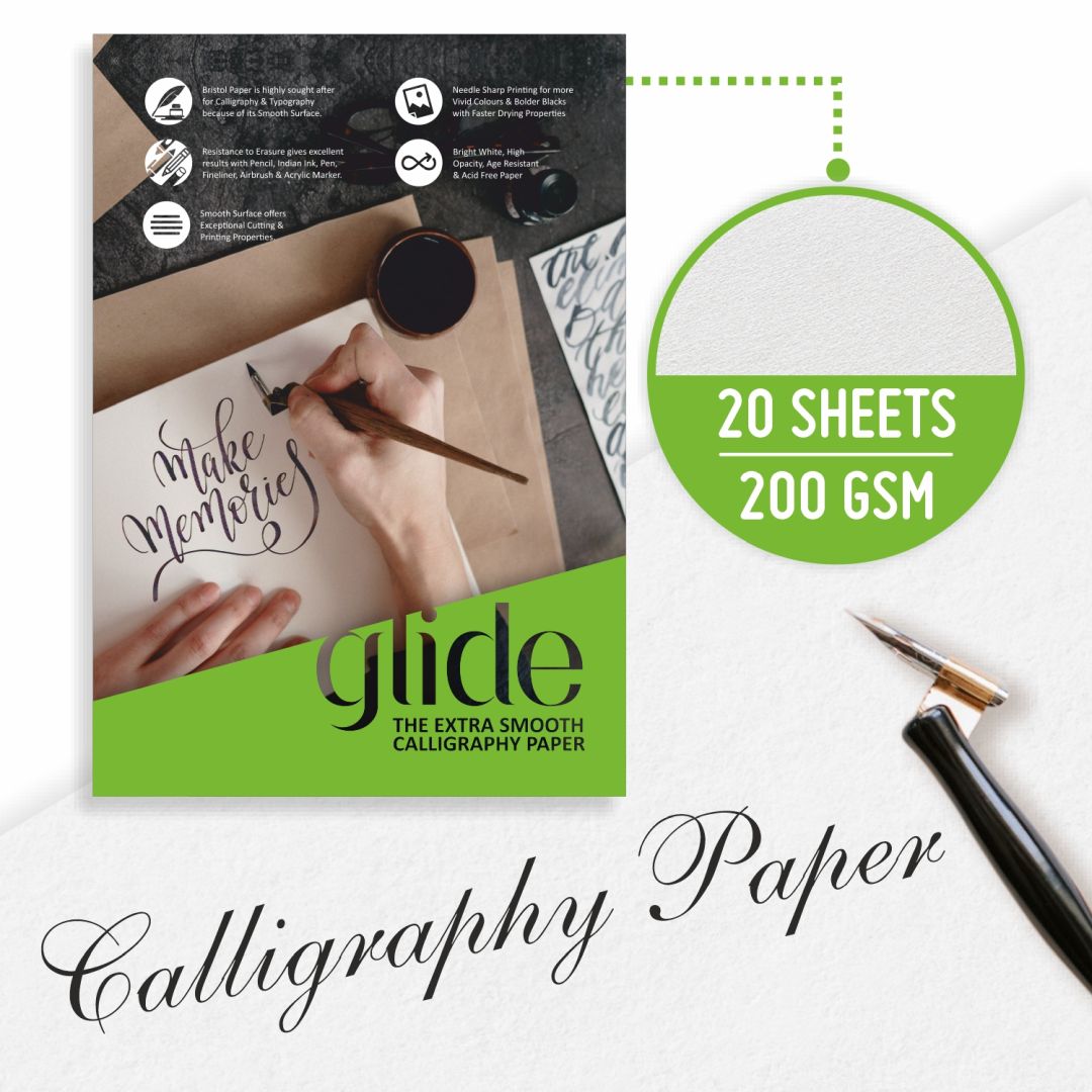 Anupam Glide Calligraphy Bristol Paper A4 200 GSM Extra Smooth Surface, Book of 20 Sheets