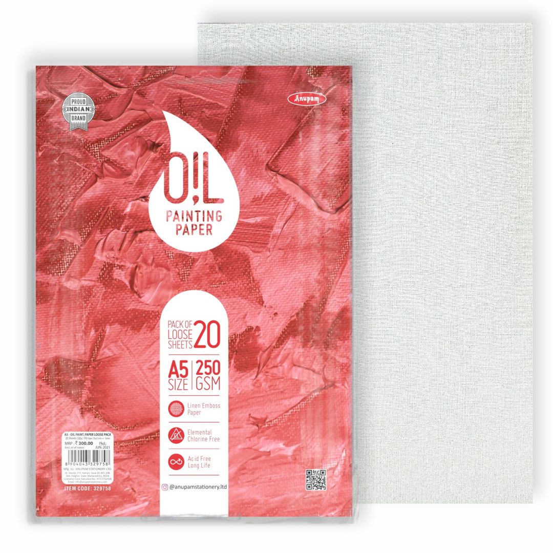 Anupam Oil Painting Paper A5 250 GSM Linen Emboss Natural White Paper, Polypack of 20 Sheets