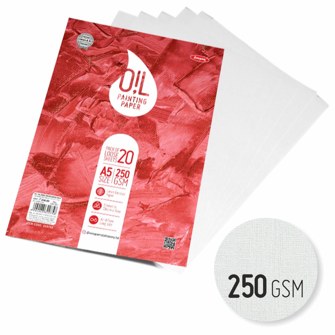 Anupam Oil Painting Paper A5 250 GSM Linen Emboss Natural White Paper, Polypack of 20 Sheets