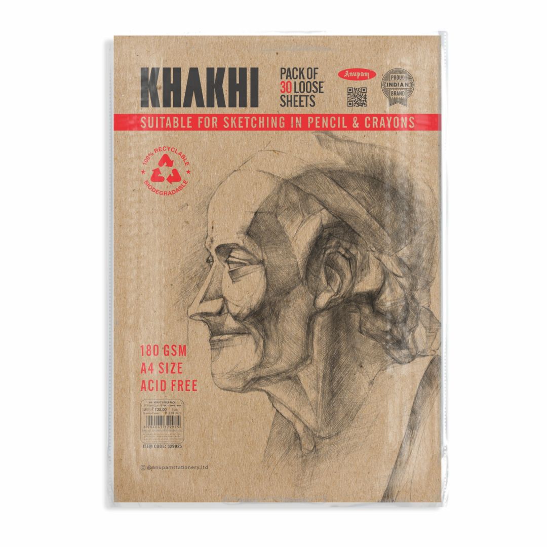 Anupam Khakhi Kraft Sketching Paper A4 180 GSM Rough Texture, Polypack of 15 Sheets